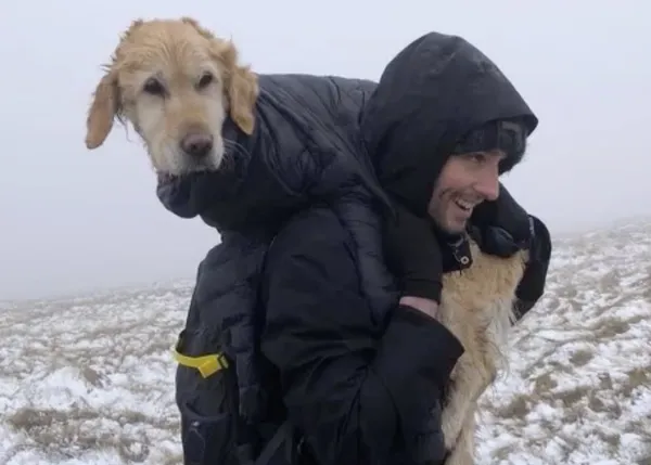 Una pareja de senderistas rescata, a hombros, a una perra que llevaba dos semanas perdida en la montaña